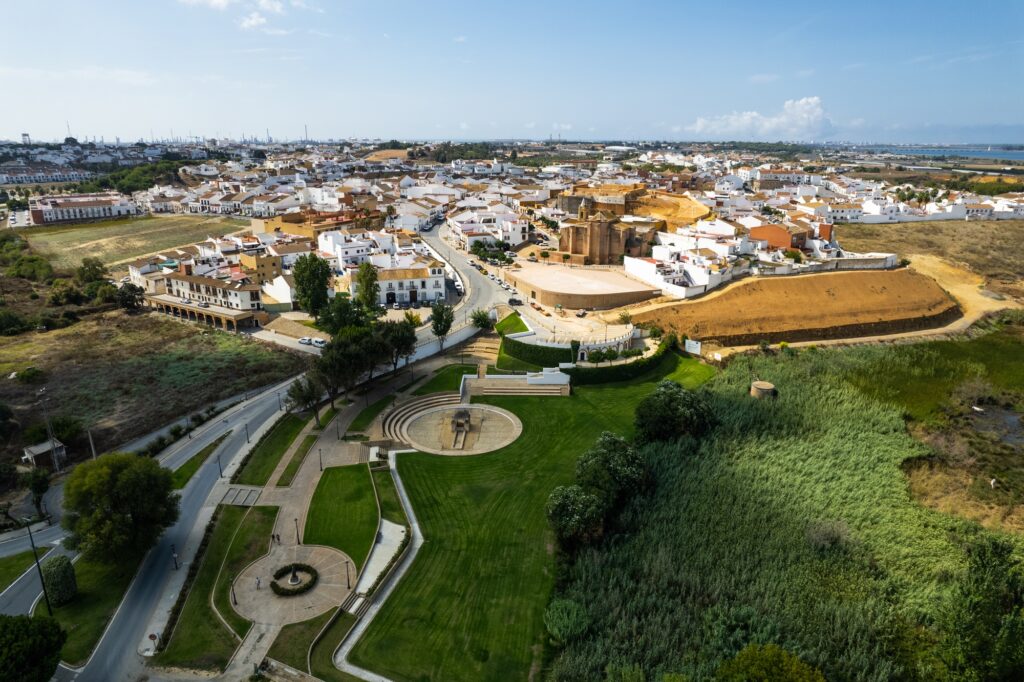 Aerial drone panorama of Palos de la Frontiera cityscape, Huelva, Spain